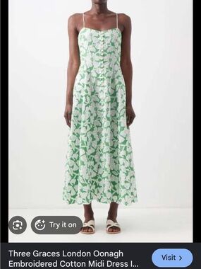 Three Graces London Green & White Embroidered Cotton Midi Dress